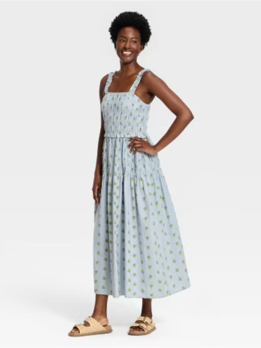 Women’sSmocked Square Neck Midi Dress Light Blue Floral Cottage Core Boho Large
